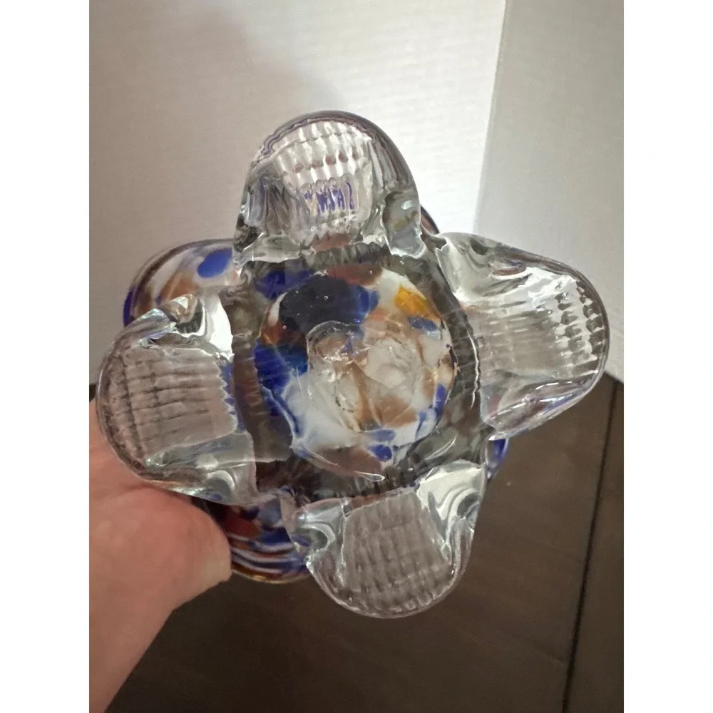 Vintage Hand Blown Art Glass Basket Confetti Blue Orange Splatter Thorn Handle
